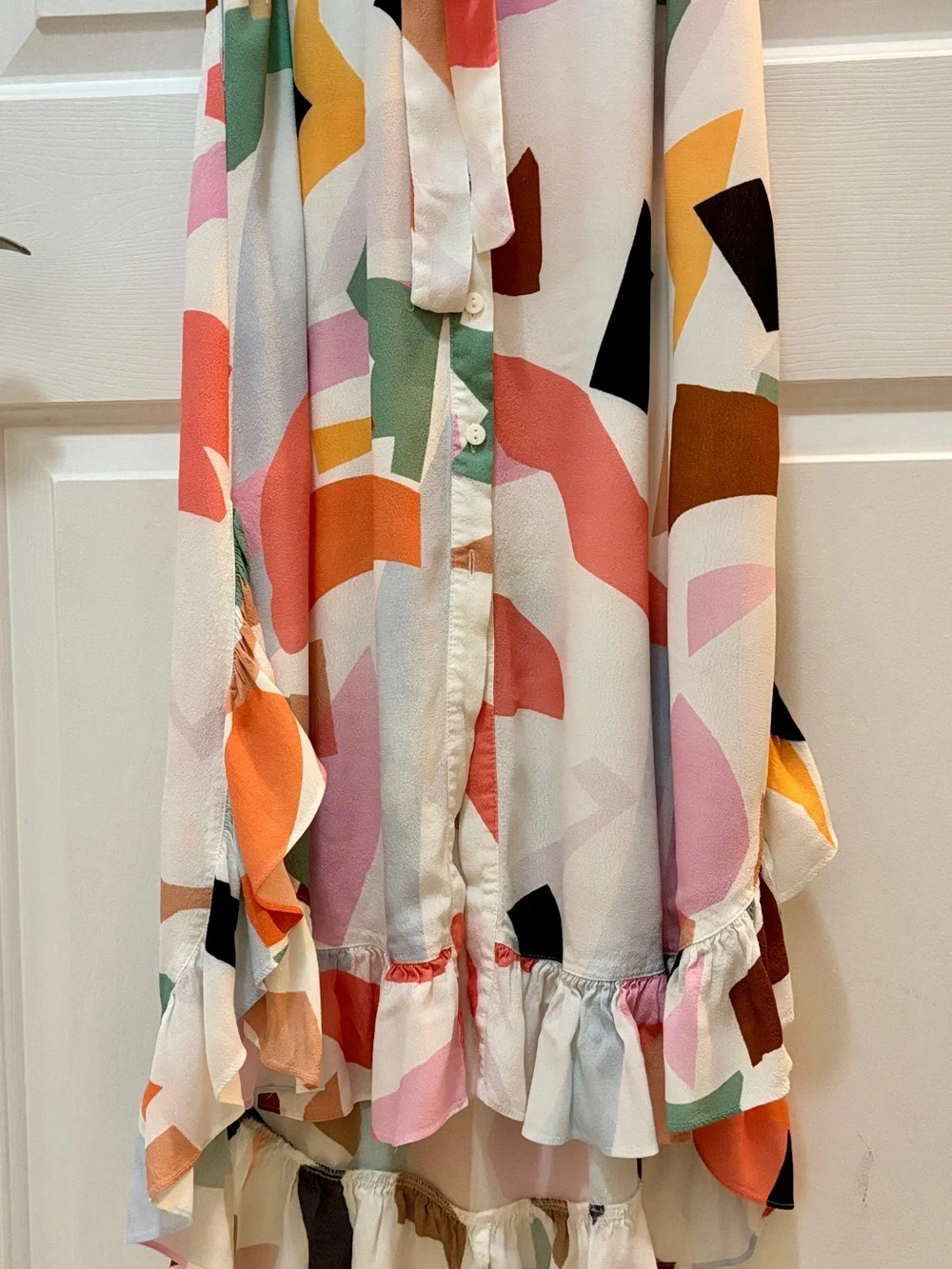 Corey Lynn Calter Abstract Print Button-Front Shirtdress Ruffle Hem Small ._5